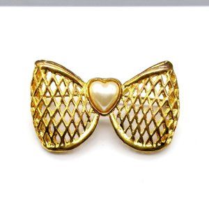 Classic Heart Bow Love Brooch, Vintage Gold Tone and Faux Pearl Lapel Pin